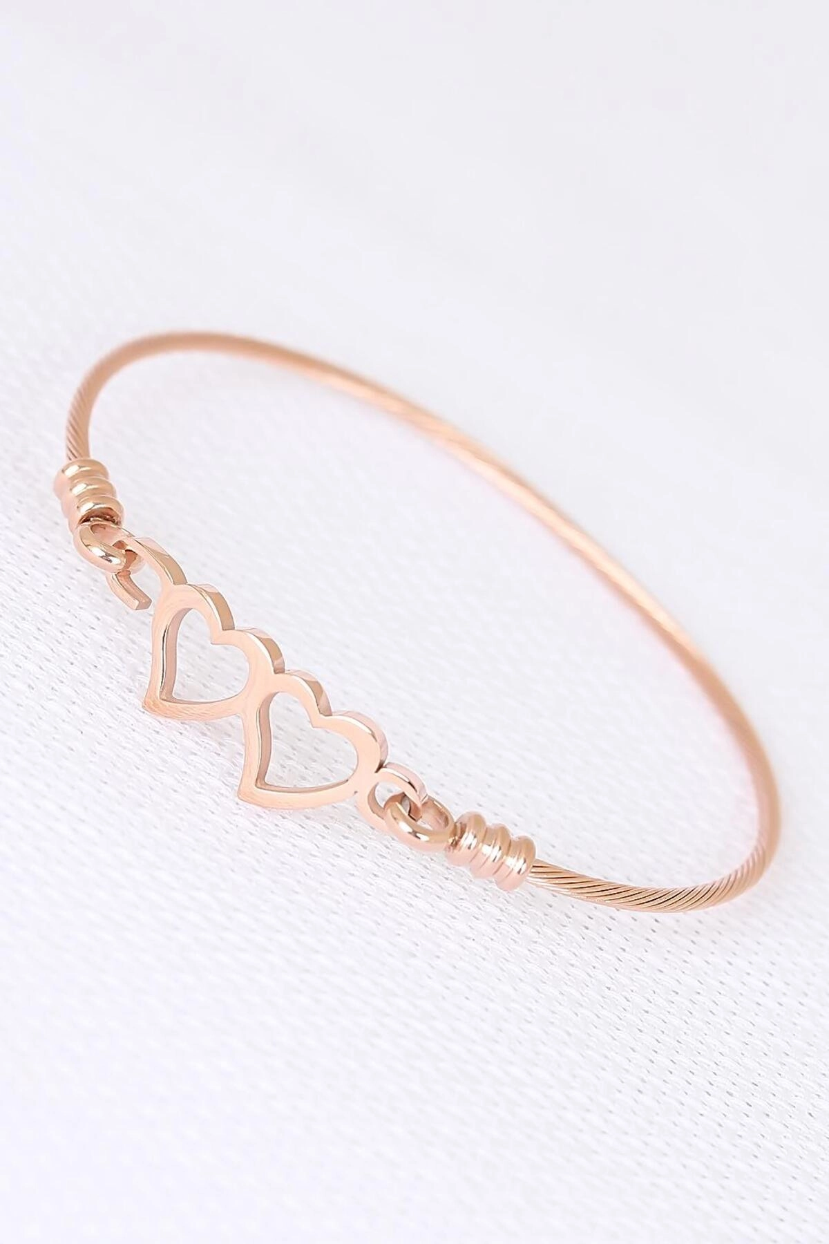 Rose Çelik Çift Kalp Figürlü Erkek Kelepçe Bileklik-0