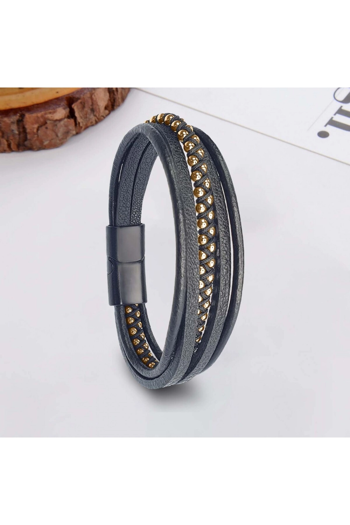 Sarı Hematit Ve Çoklu Deri Bileklik-1