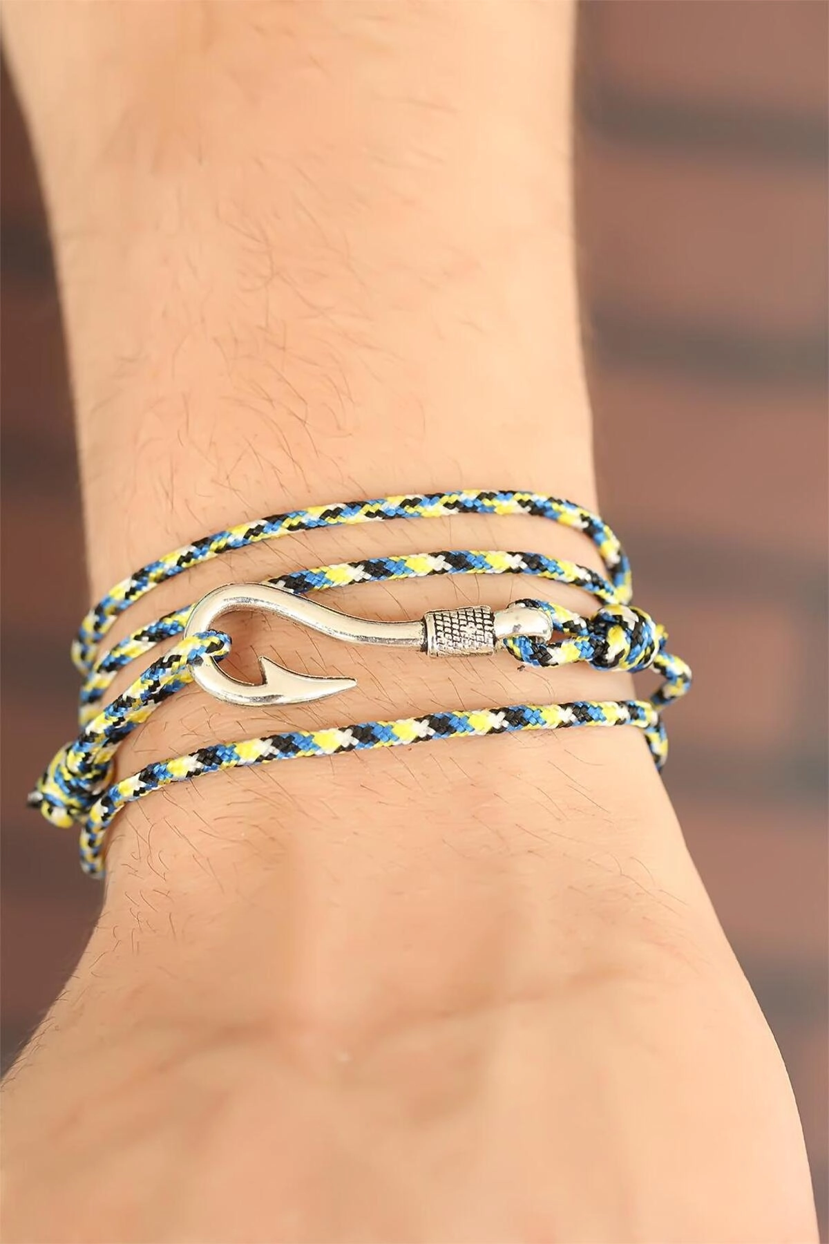 Sarı Mavi Çizgi Desenli Gümüş Renk Metal Kancalı Erkek Bileklik-1