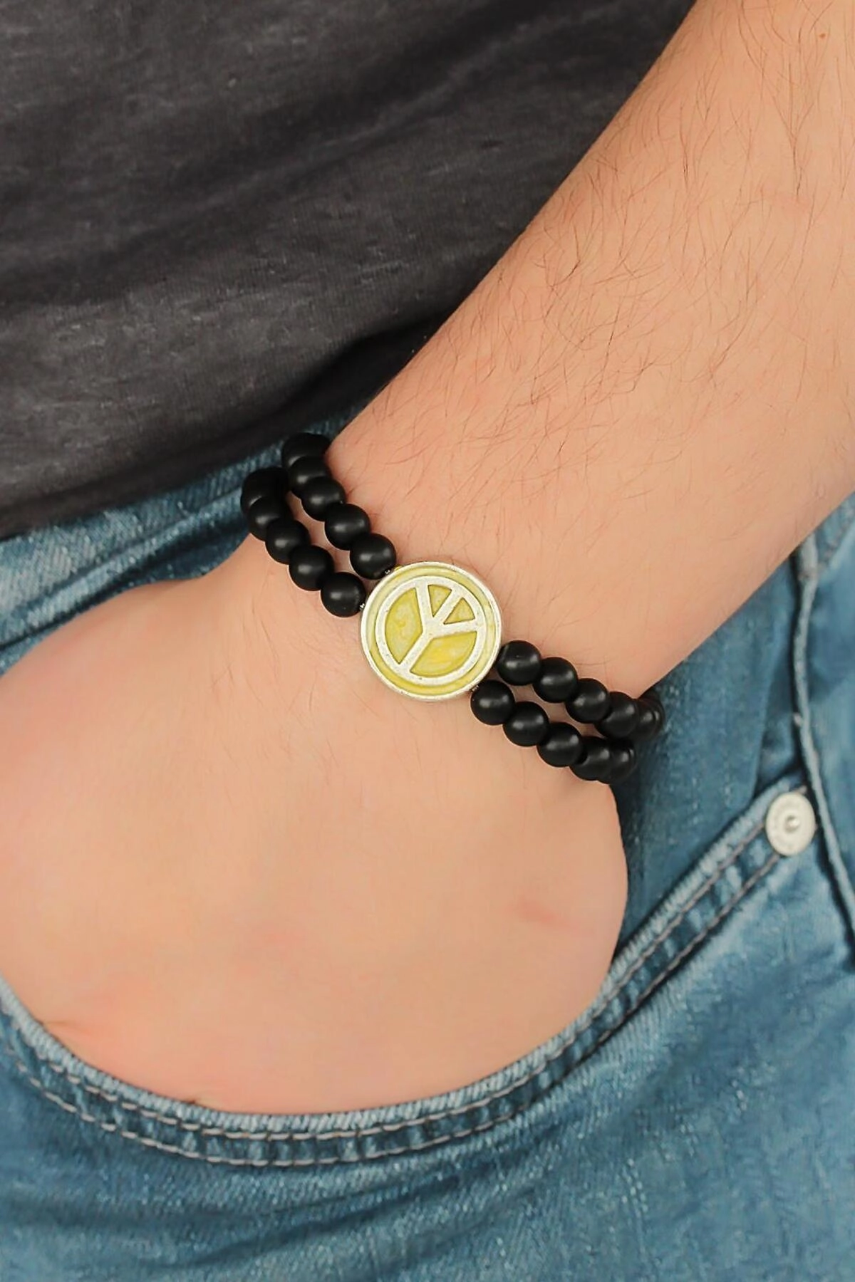 Sarı Metal Barış Simgesi Tasarımlı Siyah Renk Mat Oniks Doğal Taş Erkek Bileklik-0