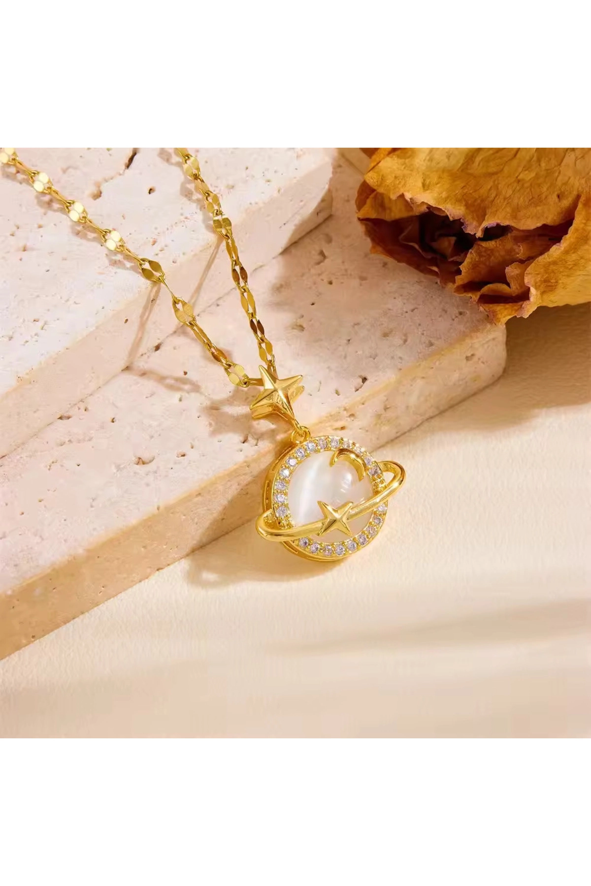 Satürn Star Kolye Gold | 316l Çelik - Kararmaz | Hediye Kadın-0