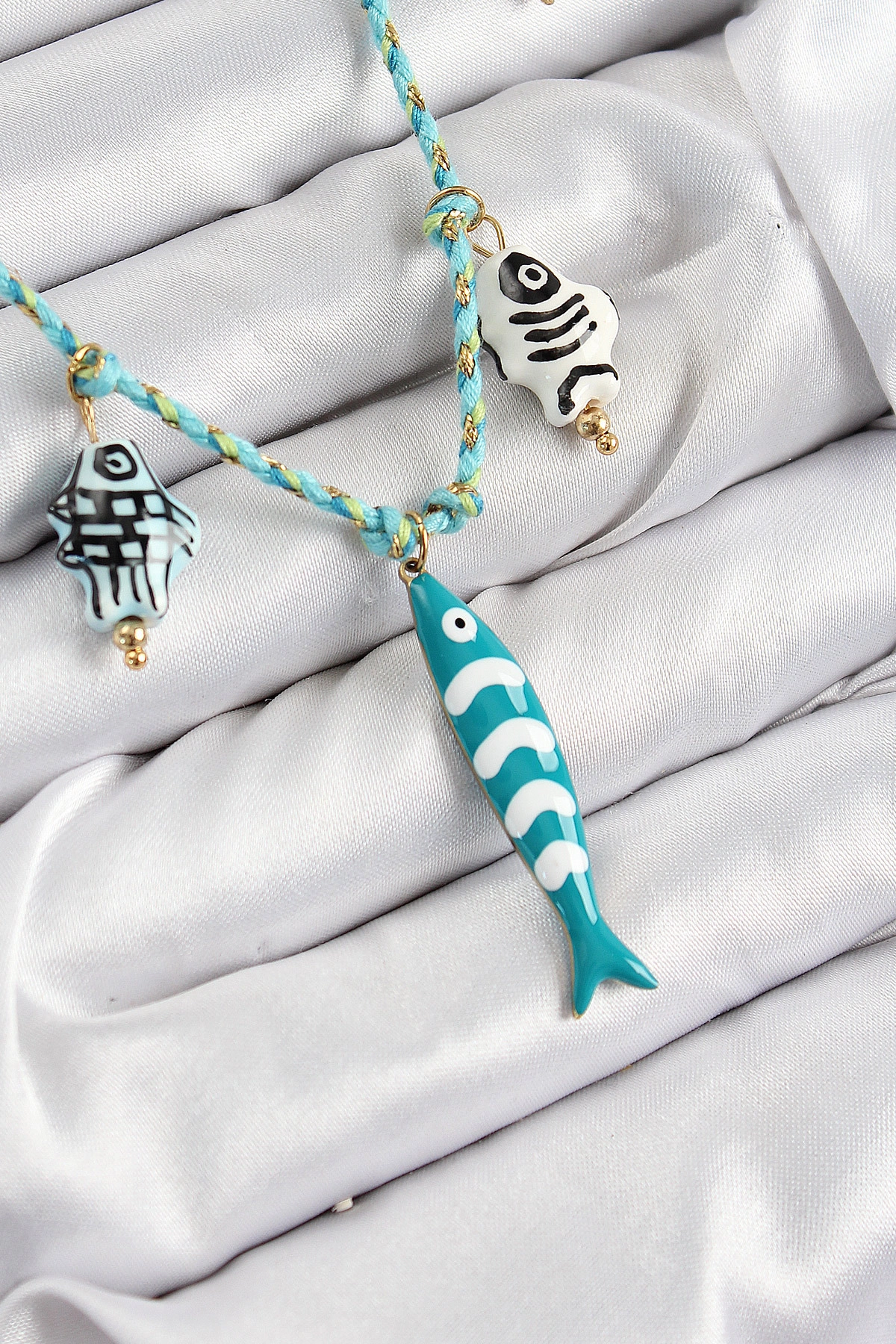 Seramik Motifli Balık Figürlü Model Mavi İp Kadın Kolye-0