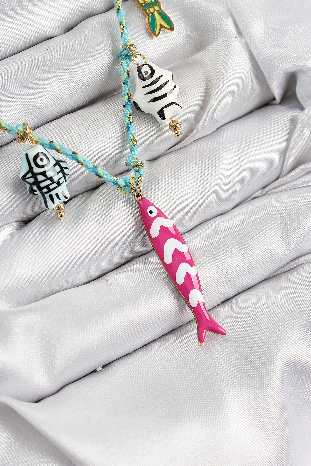 Seramik Motifli Pembe Balık Figürlü Model Mavi İp Kadın Kolye-0