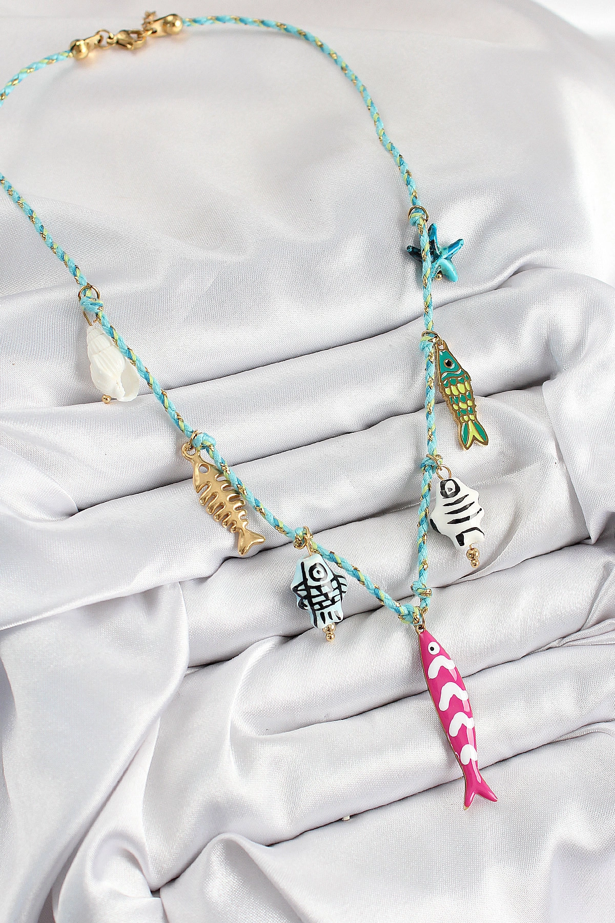 Seramik Motifli Pembe Balık Figürlü Model Mavi İp Kadın Kolye-1