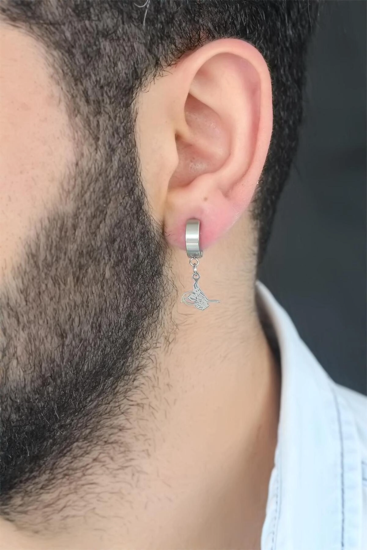 Silver Renk Kaplama Osmanlı Tuğra Figürlü Kıstırmalı Çelik Erkek Küpe-0