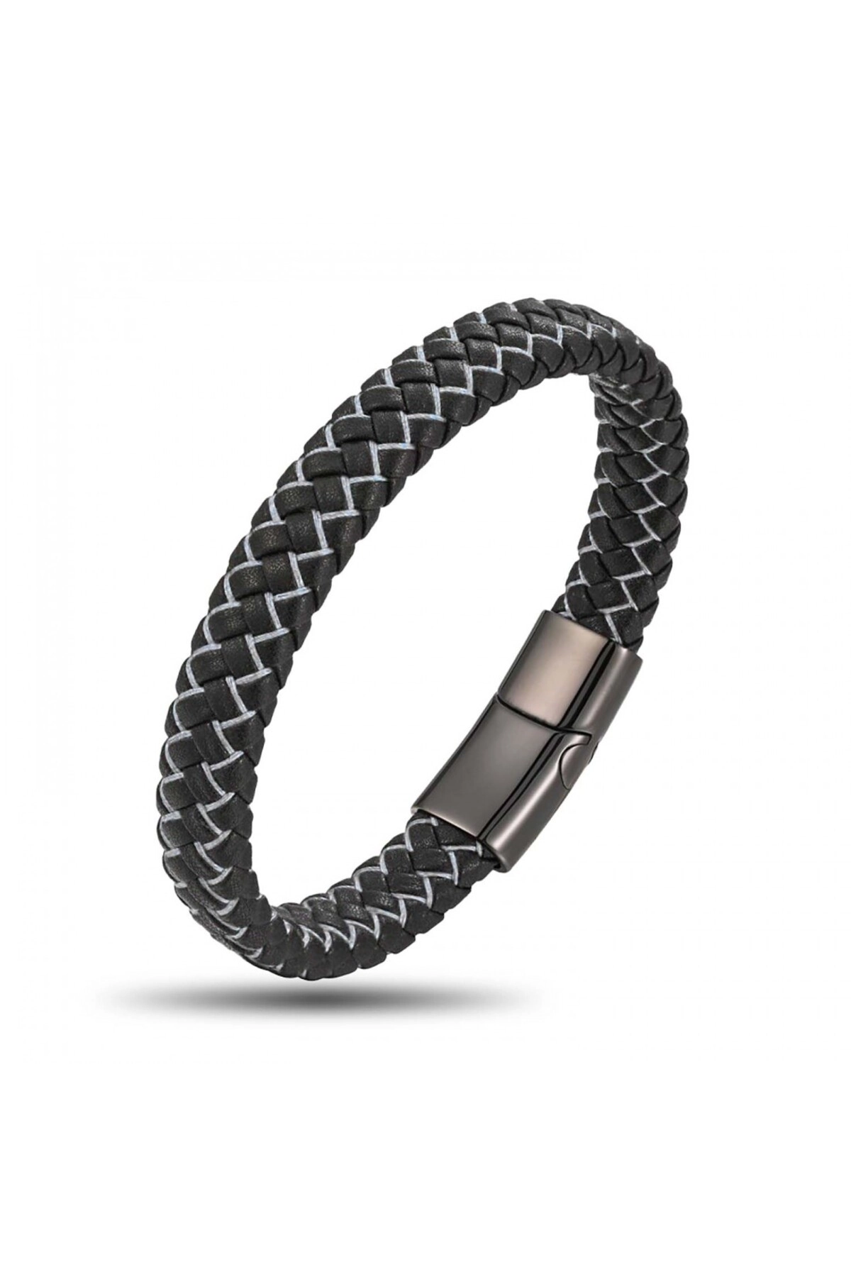 Siyah Beyaz Deri Örgü Çelik Bileklik-0