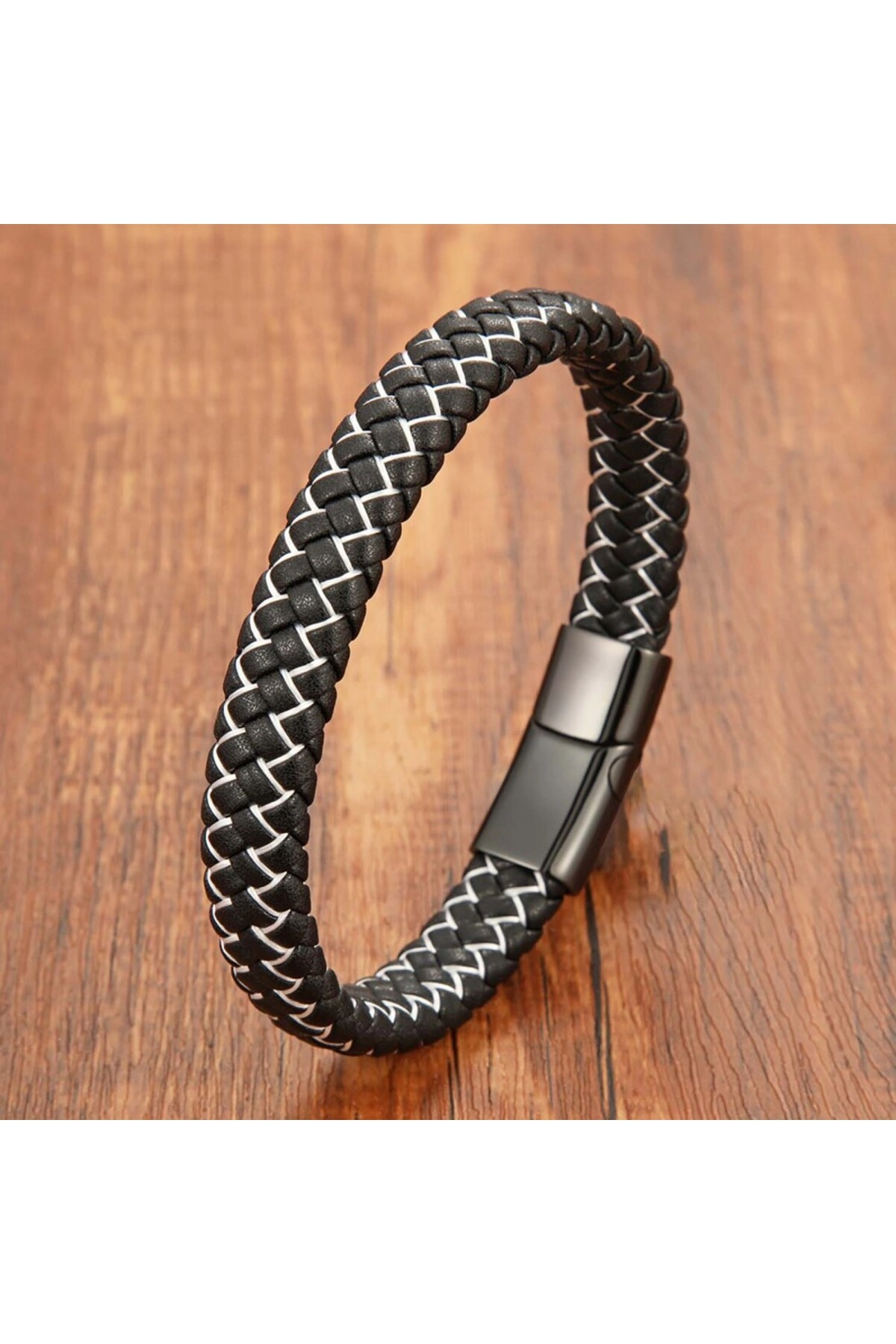 Siyah Beyaz Deri Örgü Çelik Bileklik-1