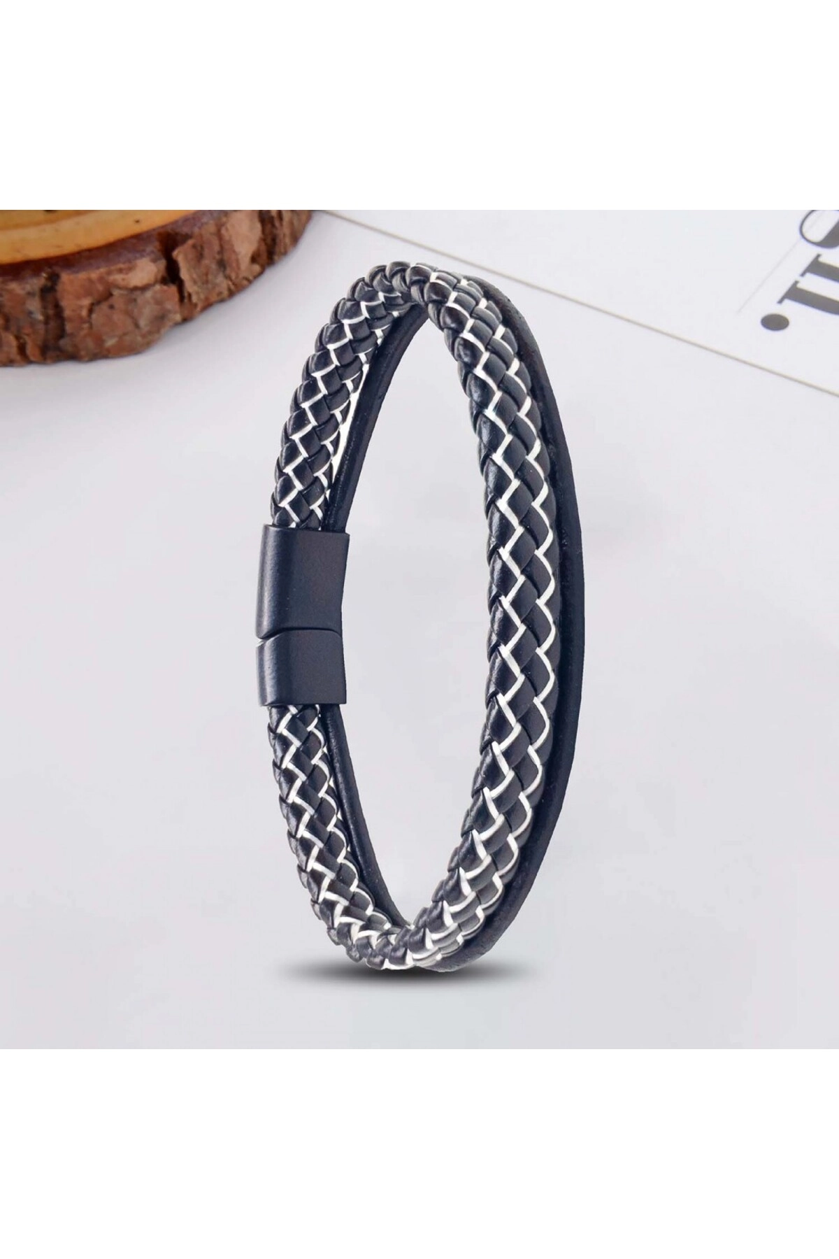 Siyah Beyaz Renk Çoklu Deri Bileklik-1
