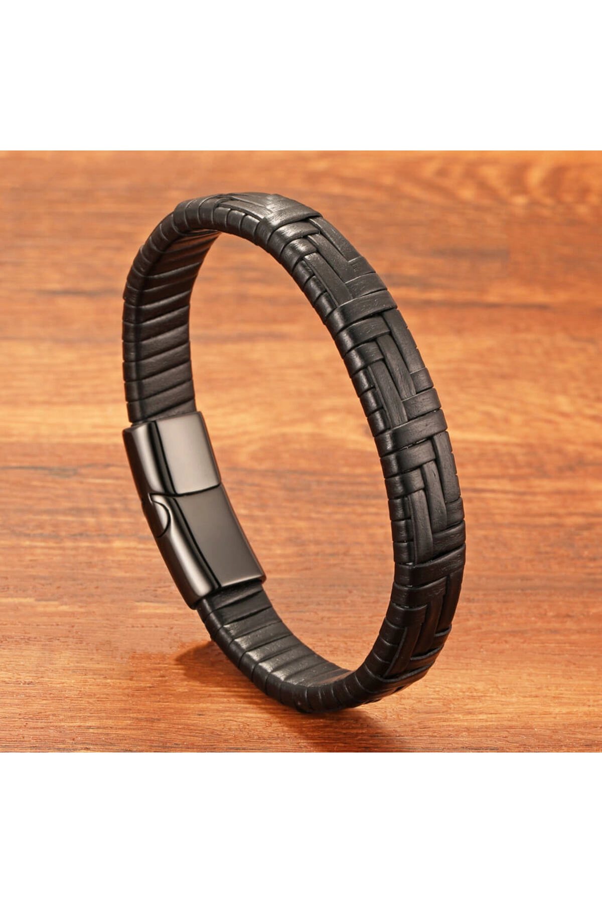 Siyah Deri Örgü Bileklik 21 cm | Paslanmaz Çelik | Hediye Paketi Yapılır-0