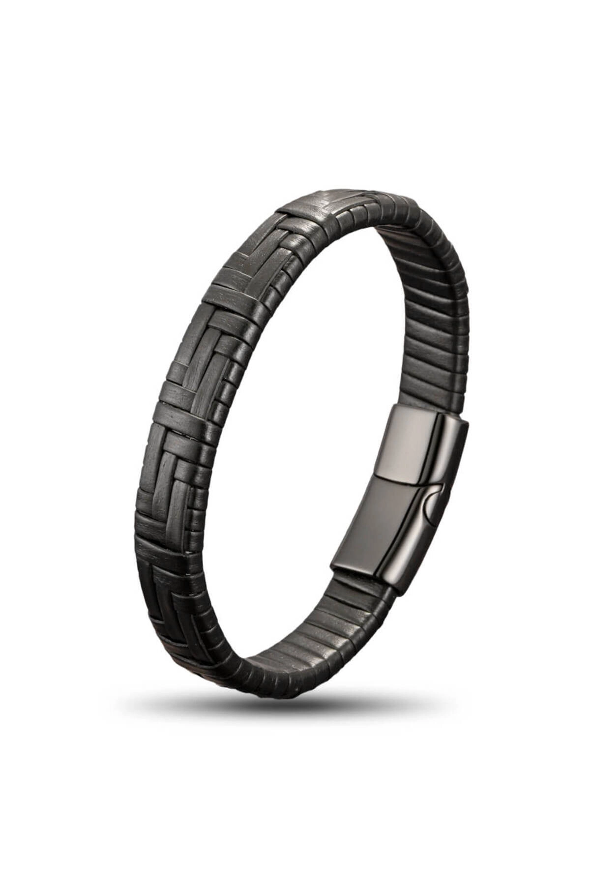 Siyah Deri Örgü Bileklik 21 cm | Paslanmaz Çelik | Hediye Paketi Yapılır-1