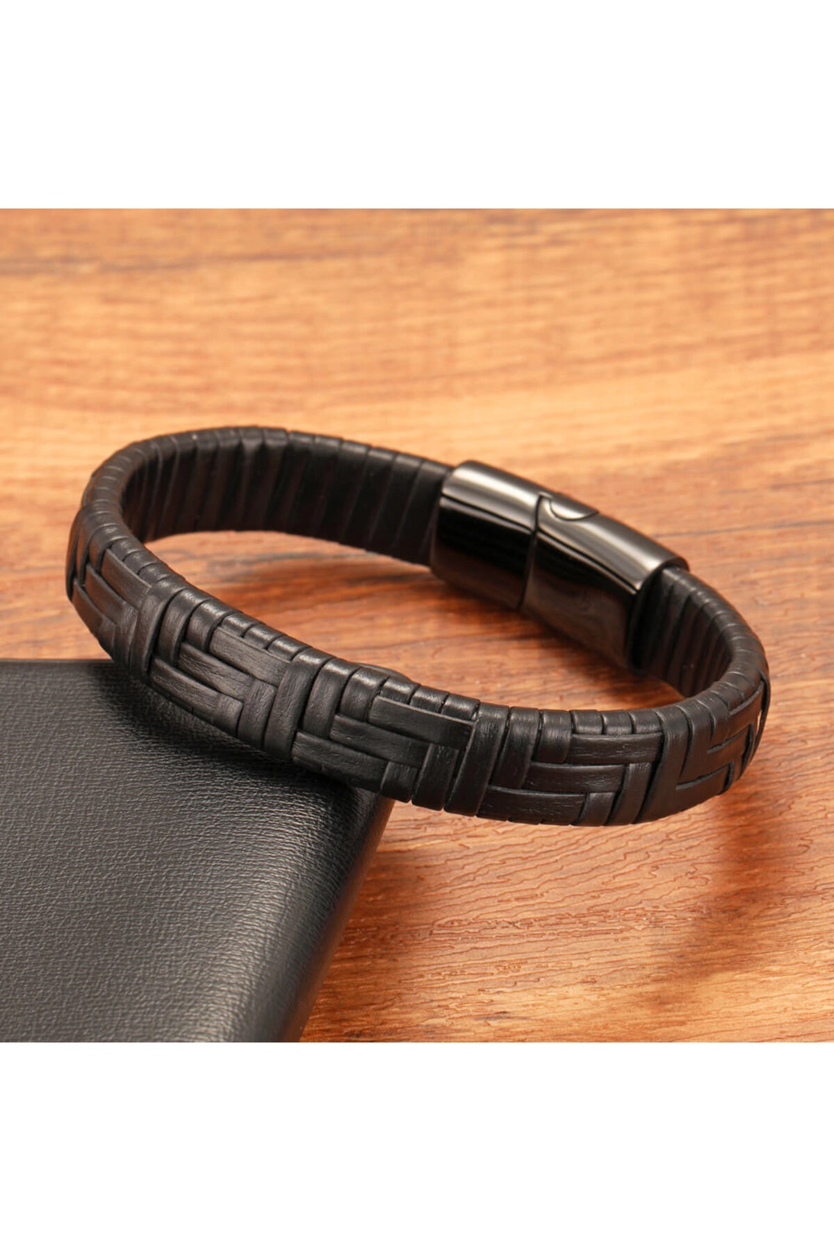 Siyah Deri Örgü Bileklik 21 cm | Paslanmaz Çelik | Hediye Paketi Yapılır-2
