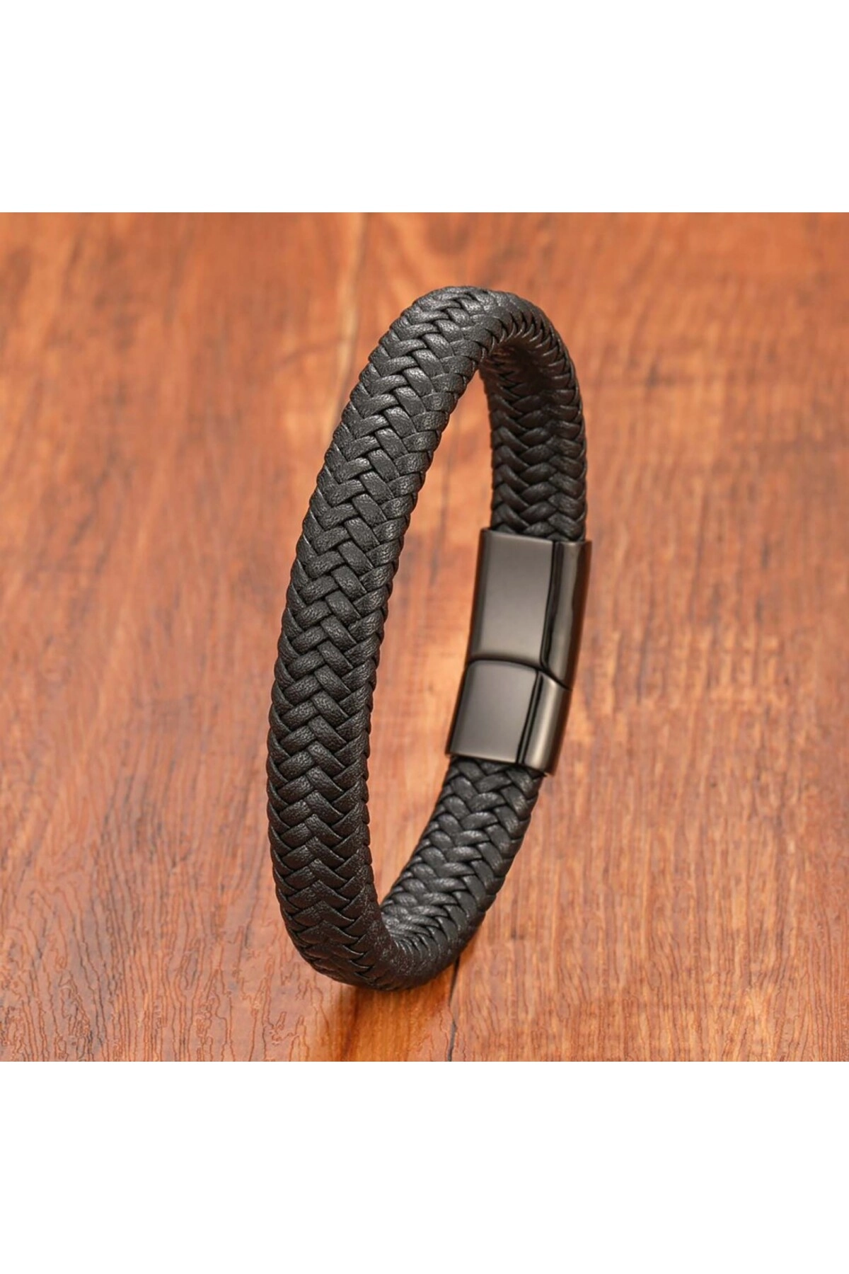 Siyah Deri Örgü Çelik Bileklik-1