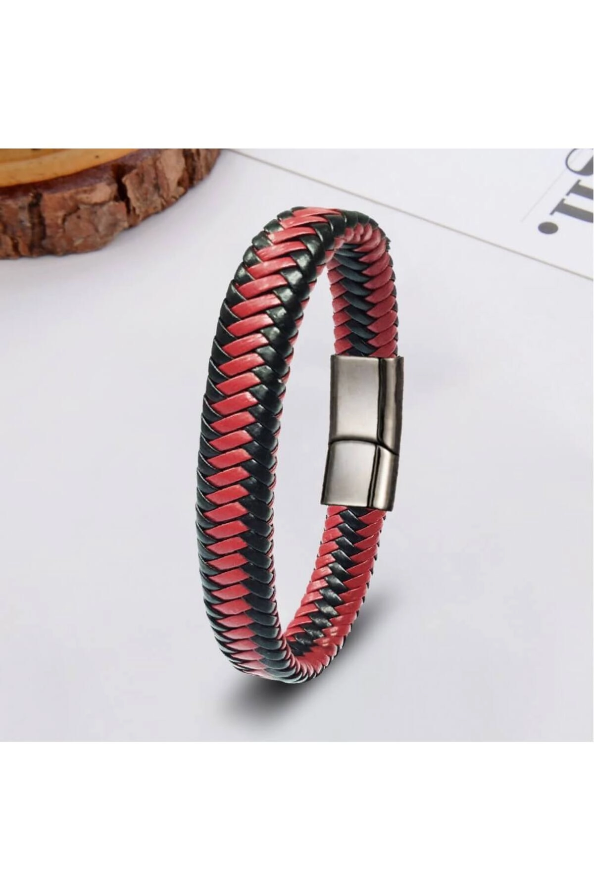 Siyah Kırmızı Deri Bileklik 21 Cm | 316l Çelik - Kararmaz | Hediye Paketi-0