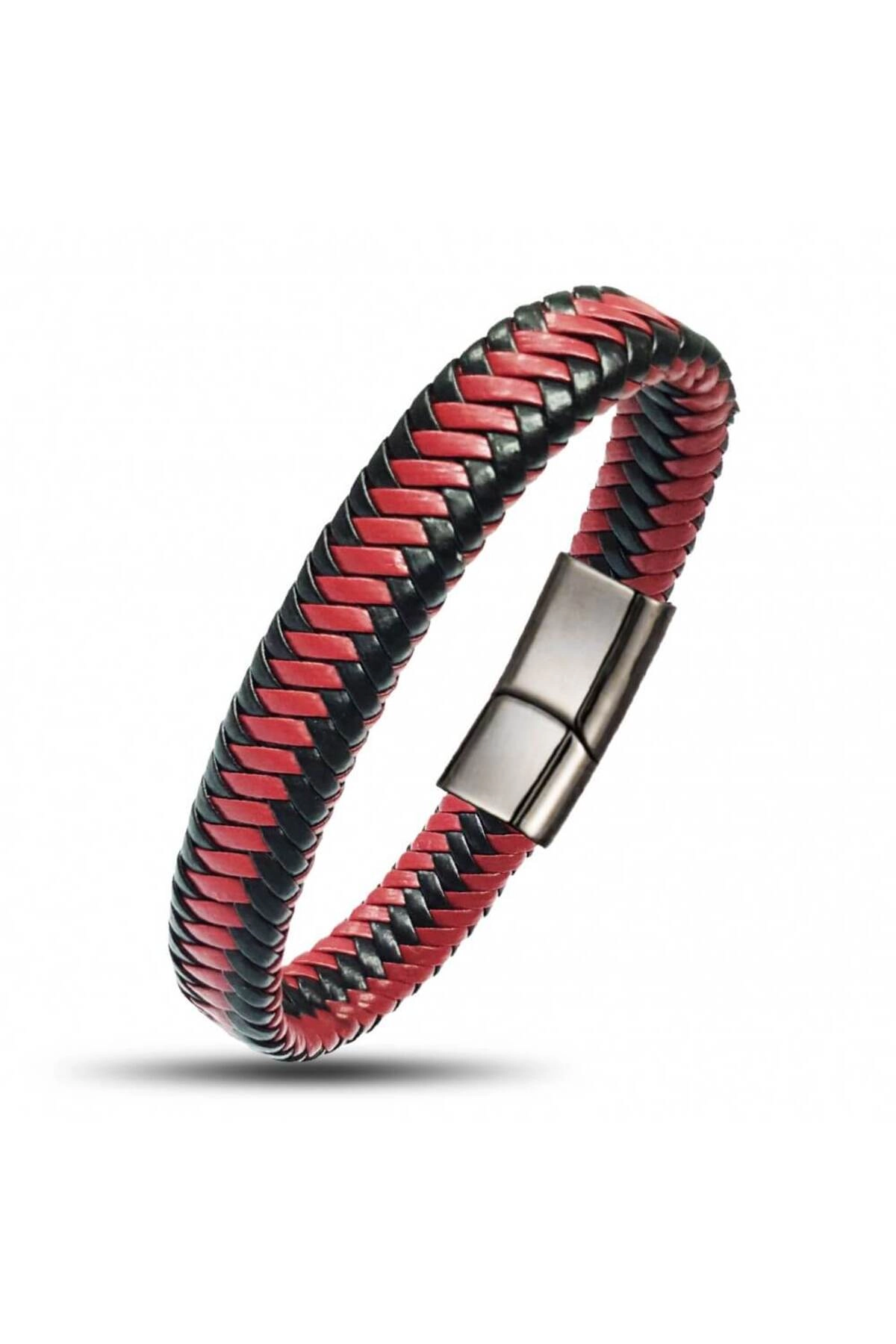 Siyah Kırmızı Deri Bileklik 21 Cm | 316l Çelik - Kararmaz | Hediye Paketi-1