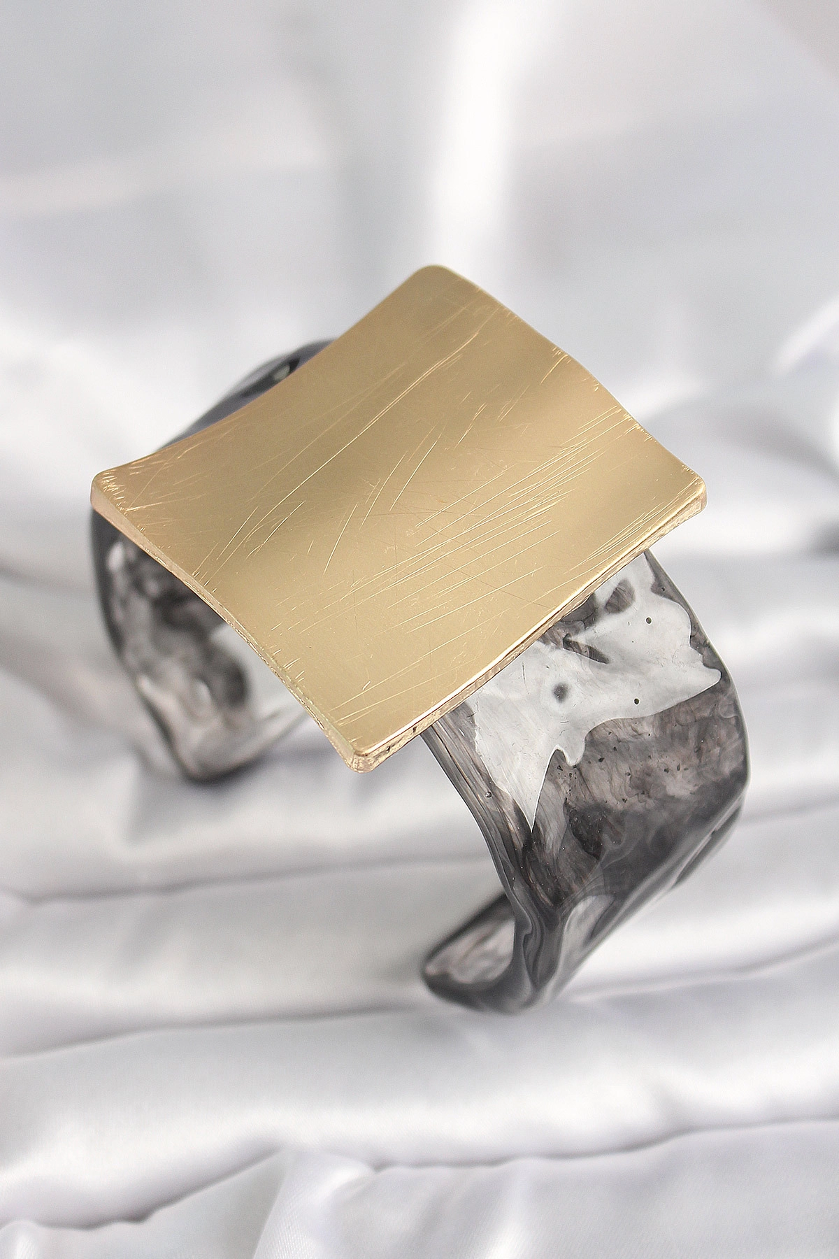 Siyah Mermer Desen Akrilik Plastik Gold Kare Plaka Model Vintage Kadın Bilezik-0