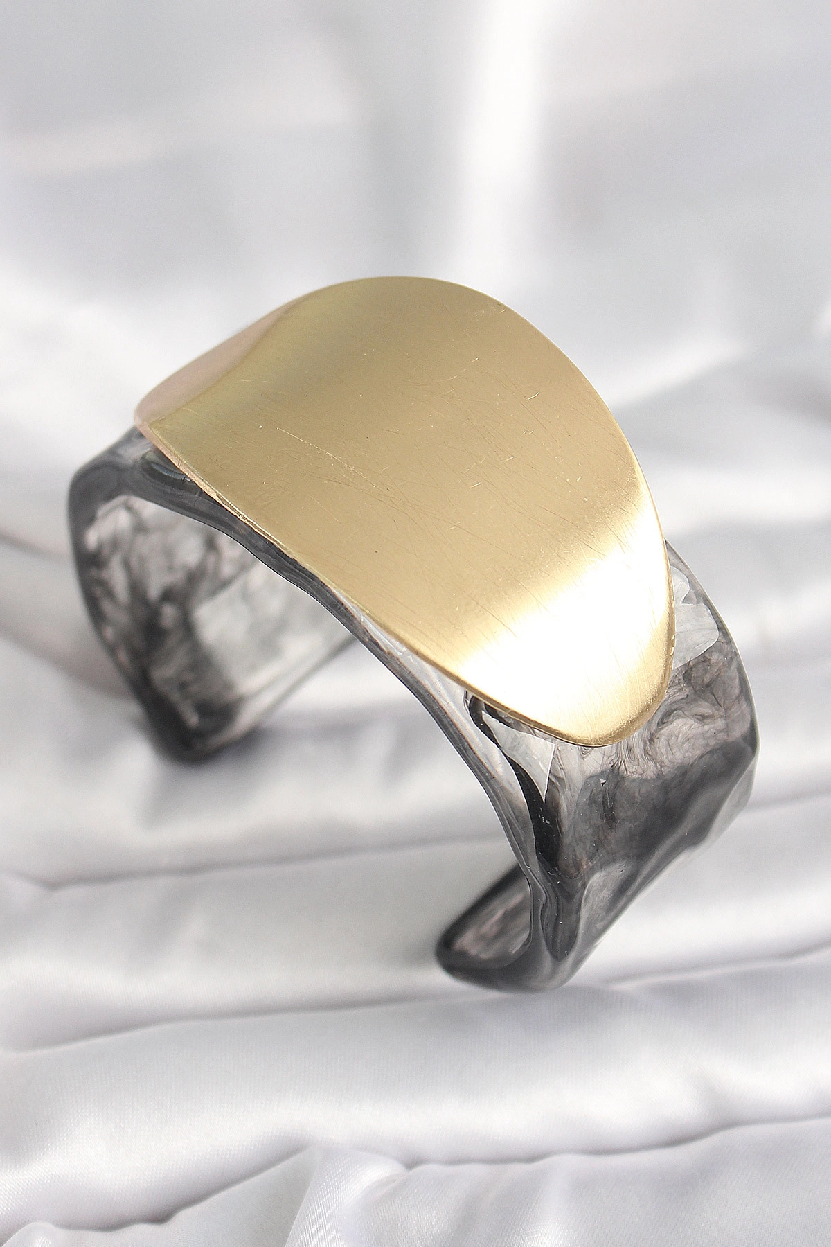 Siyah Mermer Desen Akrilik Plastik Gold Oval Plaka Model Vintage Kadın Bilezik-0