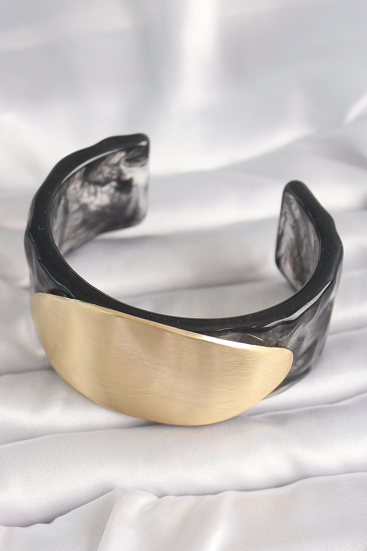 Siyah Mermer Desen Akrilik Plastik Gold Oval Plaka Model Vintage Kadın Bilezik-1