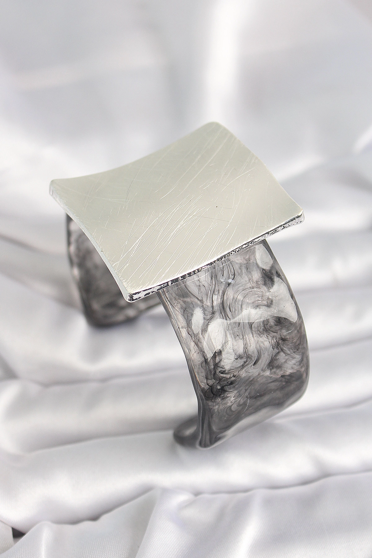 Siyah Mermer Desen Akrilik Plastik Gümüş Kare Plaka Model Vintage Kadın Bilezik-0