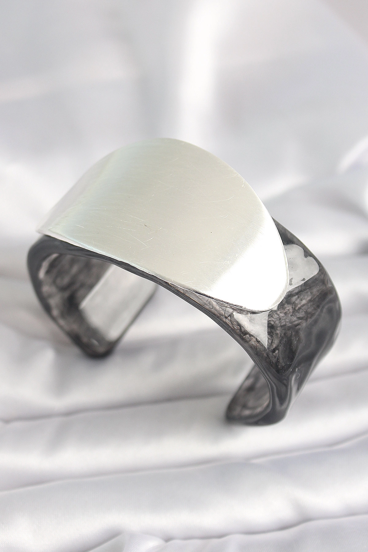 Siyah Mermer Desen Akrilik Plastik Gümüş Oval Plaka Model Vintage Kadın Bilezik-0