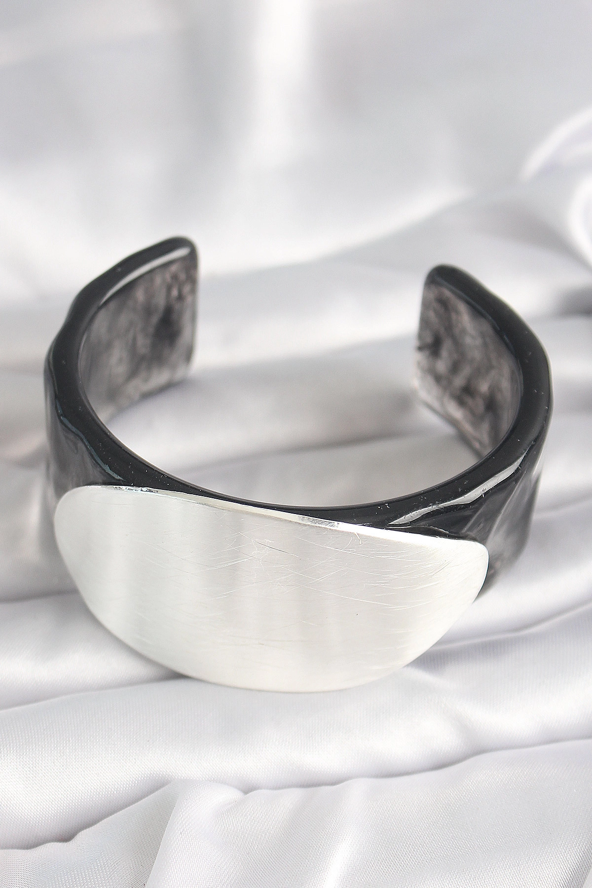 Siyah Mermer Desen Akrilik Plastik Gümüş Oval Plaka Model Vintage Kadın Bilezik-1