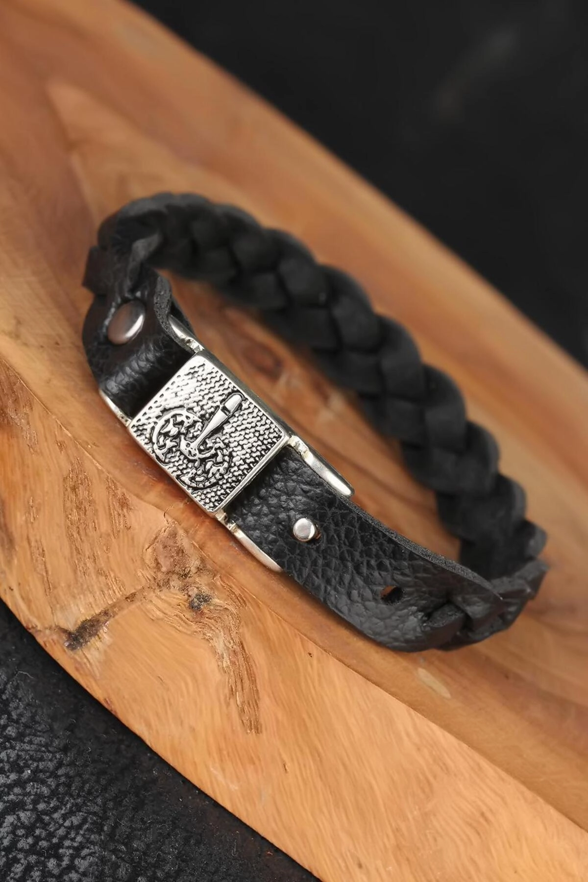 Siyah Örgü Model Deri Erkek Bileklik-0