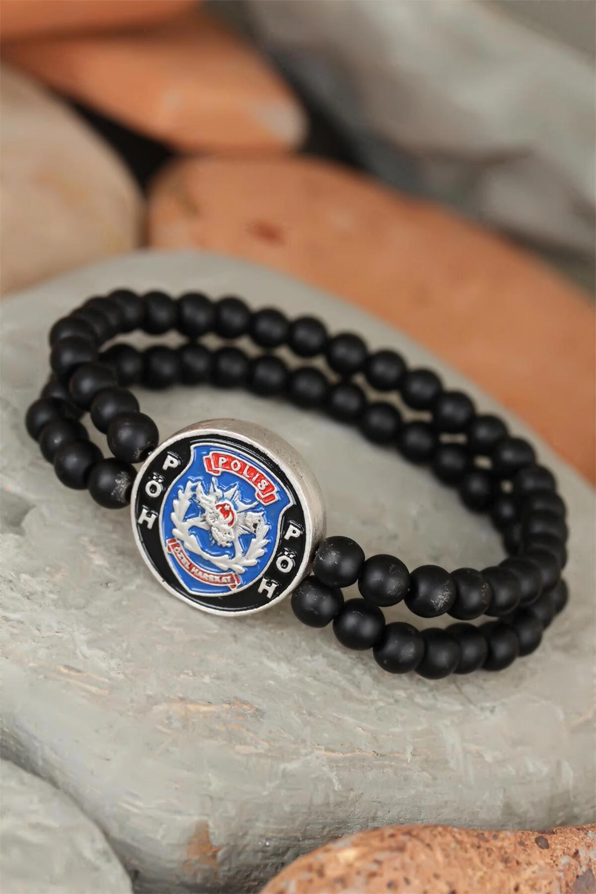 Siyah Renk Çift Sıra Oniks Doğal Taş PÖH Tasarımlı Erkek Bileklik-0