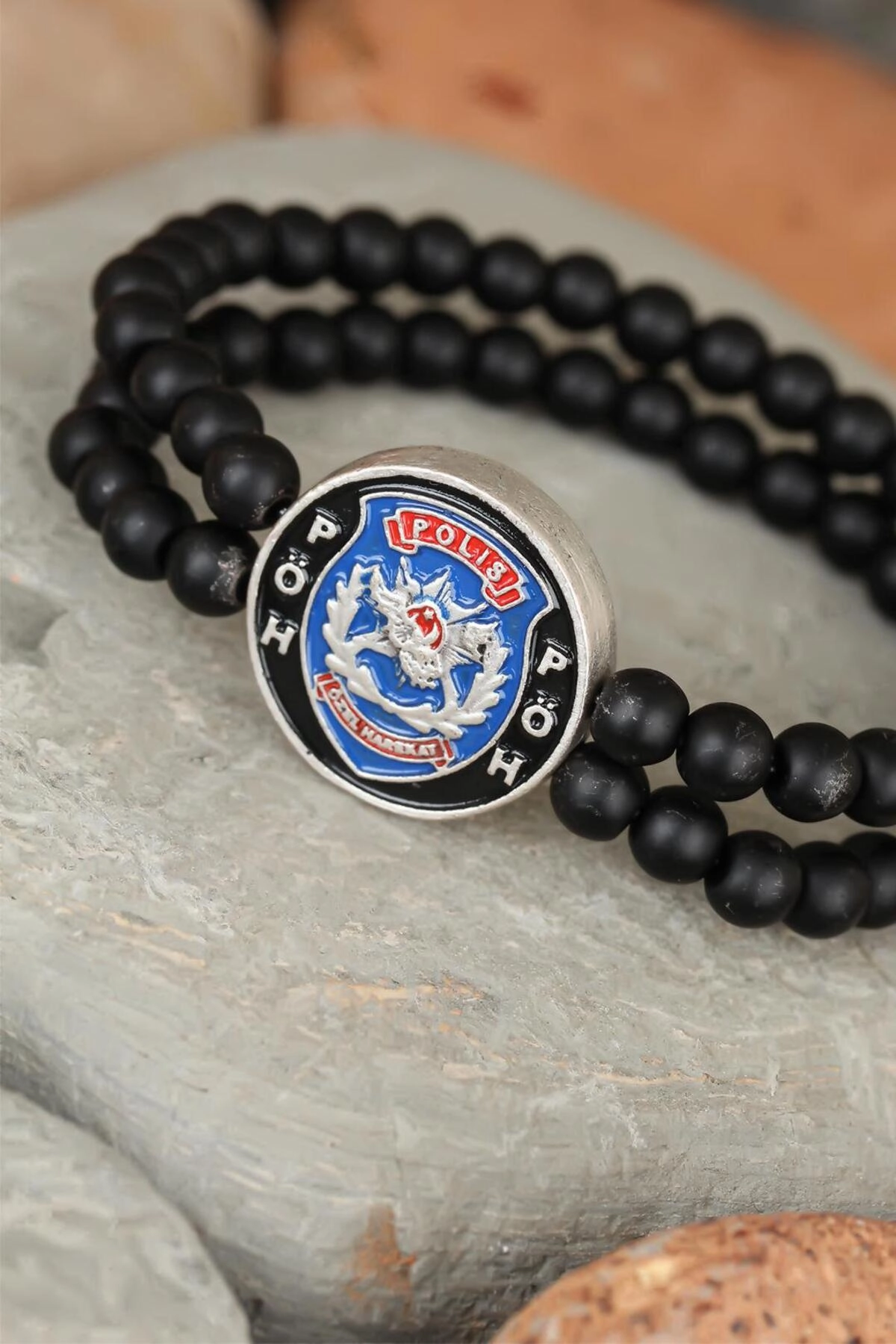 Siyah Renk Çift Sıra Oniks Doğal Taş PÖH Tasarımlı Erkek Bileklik-1