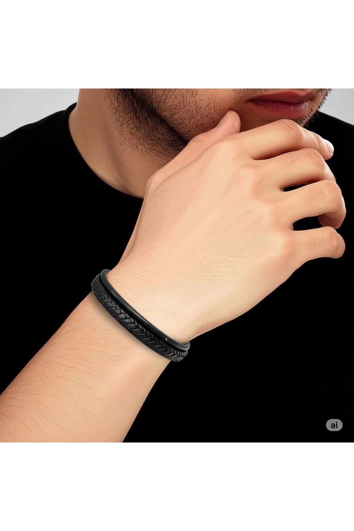 Siyah Renk Çoklu Deri Bileklik-2