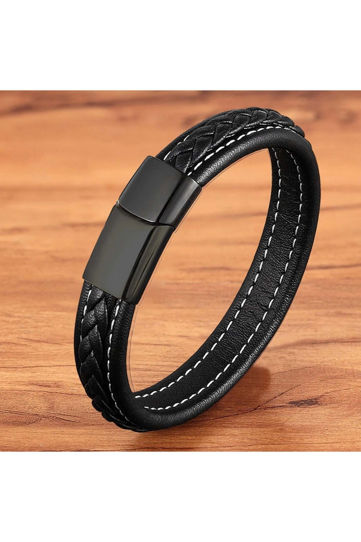 Siyah Siyah Saç Örgülü Deri Ve Çelik Bileklik-2