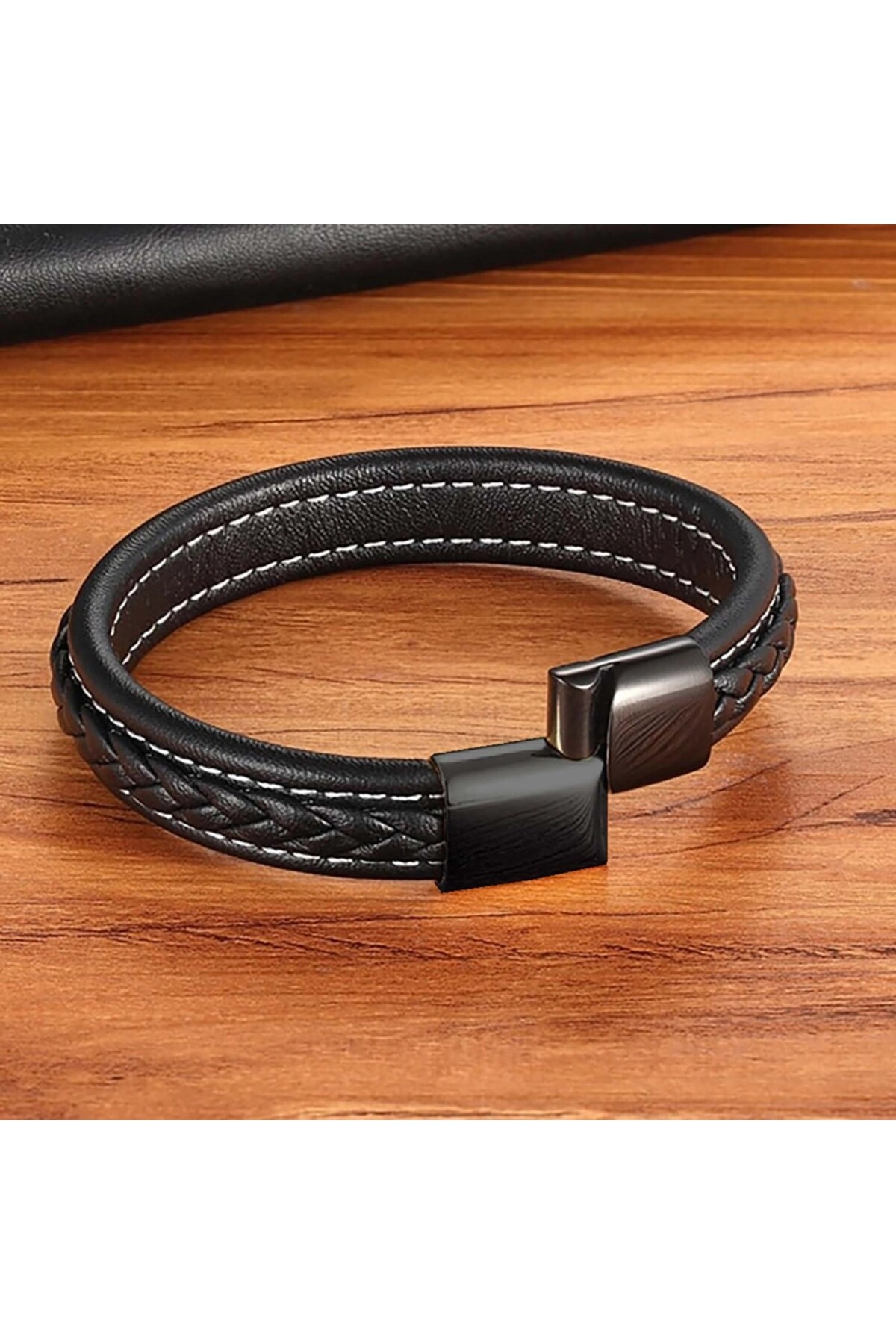 Siyah Siyah Saç Örgülü Deri Ve Çelik Bileklik-1