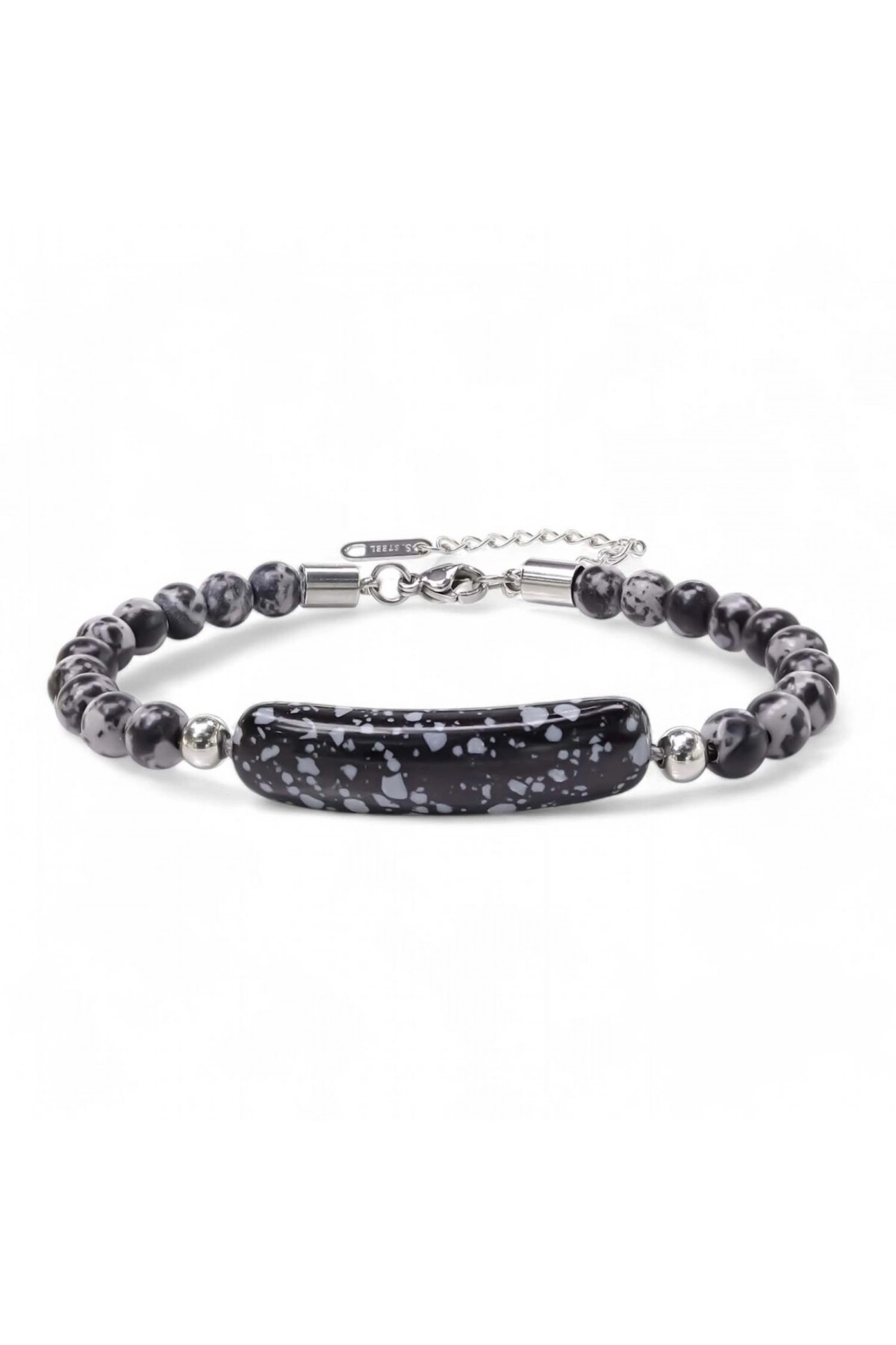 Snowy Obsidian Doğaltaş Çelik Halat Ve Çelik Klipsli Bileklik-0