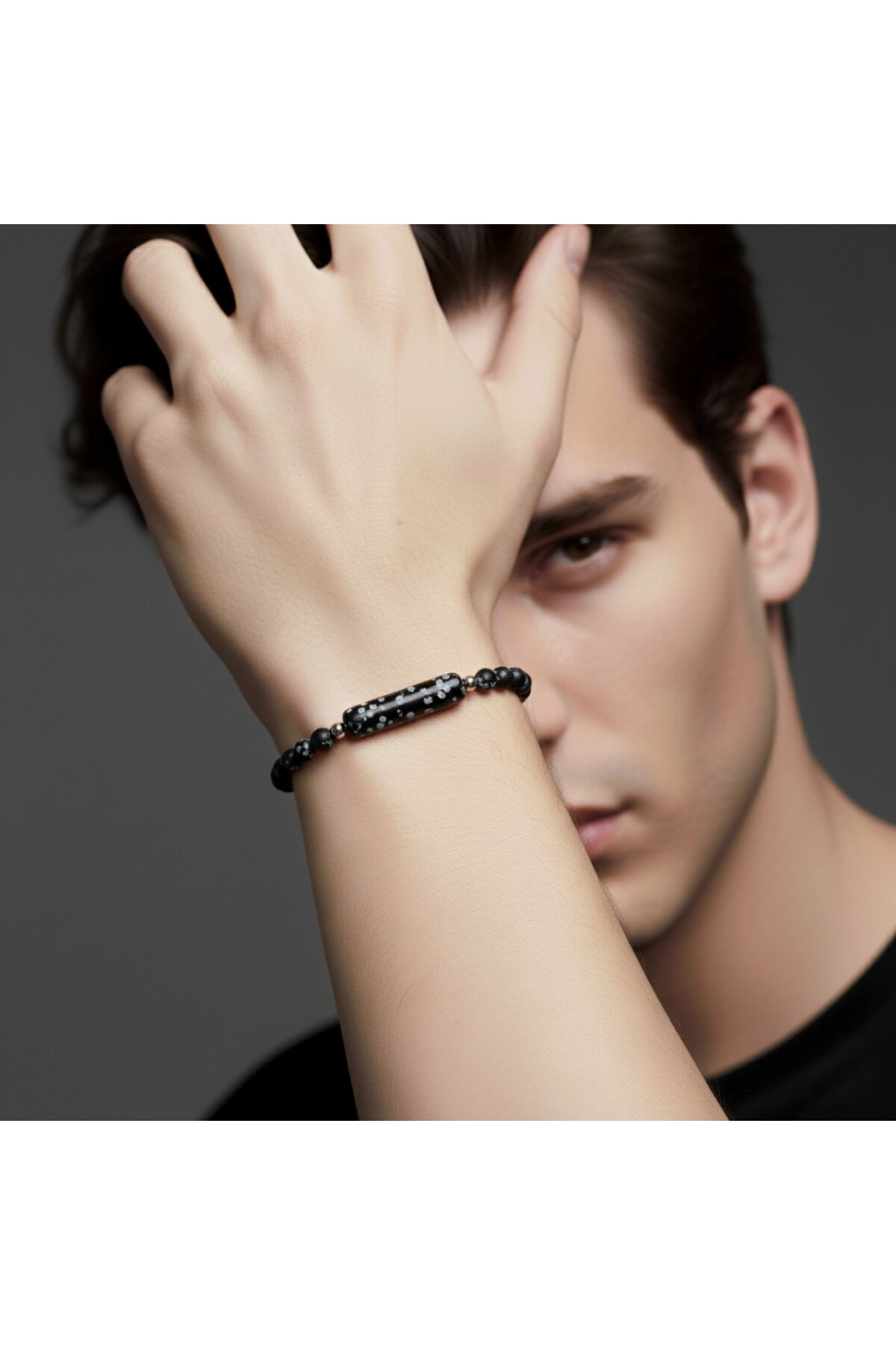 Snowy Obsidian Doğaltaş Çelik Halat Ve Çelik Klipsli Bileklik-1