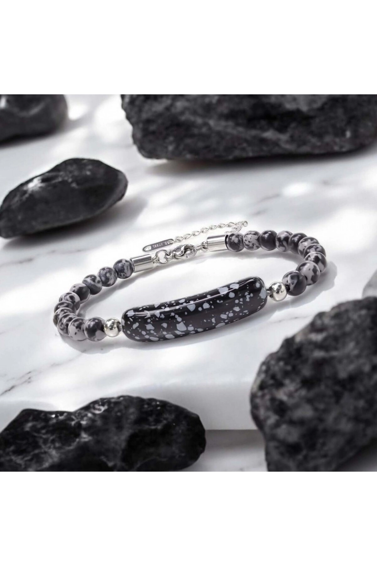 Snowy Obsidian Doğaltaş Çelik Halat Ve Çelik Klipsli Bileklik-2
