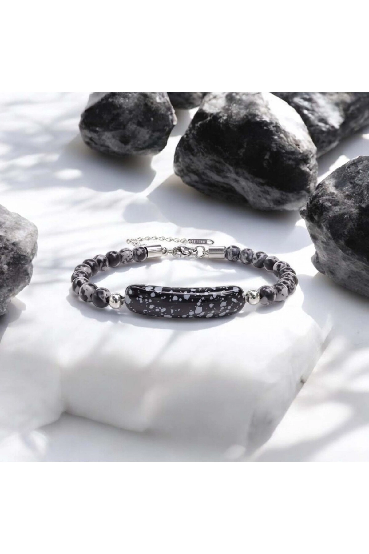 Snowy Obsidian Doğaltaş Çelik Halat Ve Çelik Klipsli Bileklik-3