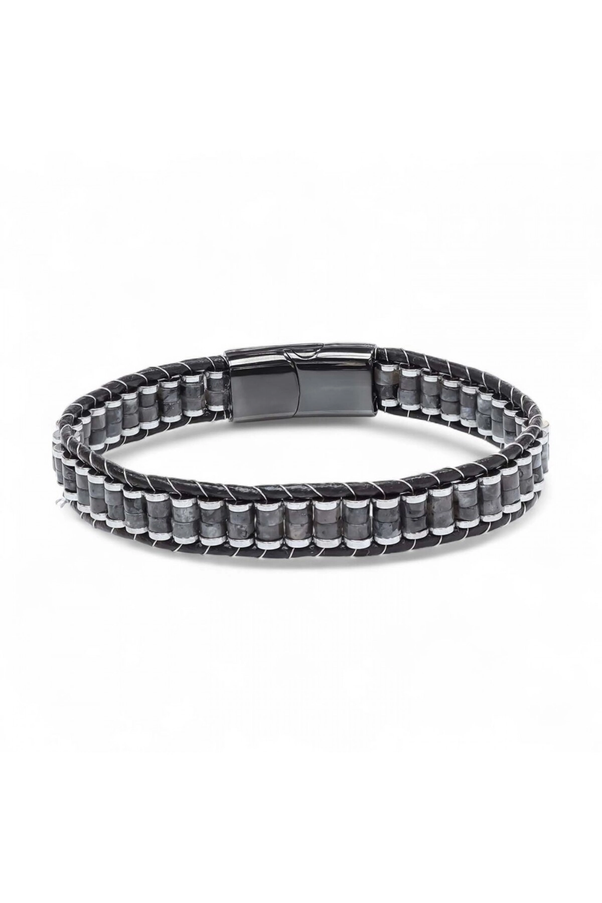 Spektrolit Hematit Çelik Örgülü Deri Bileklik-0