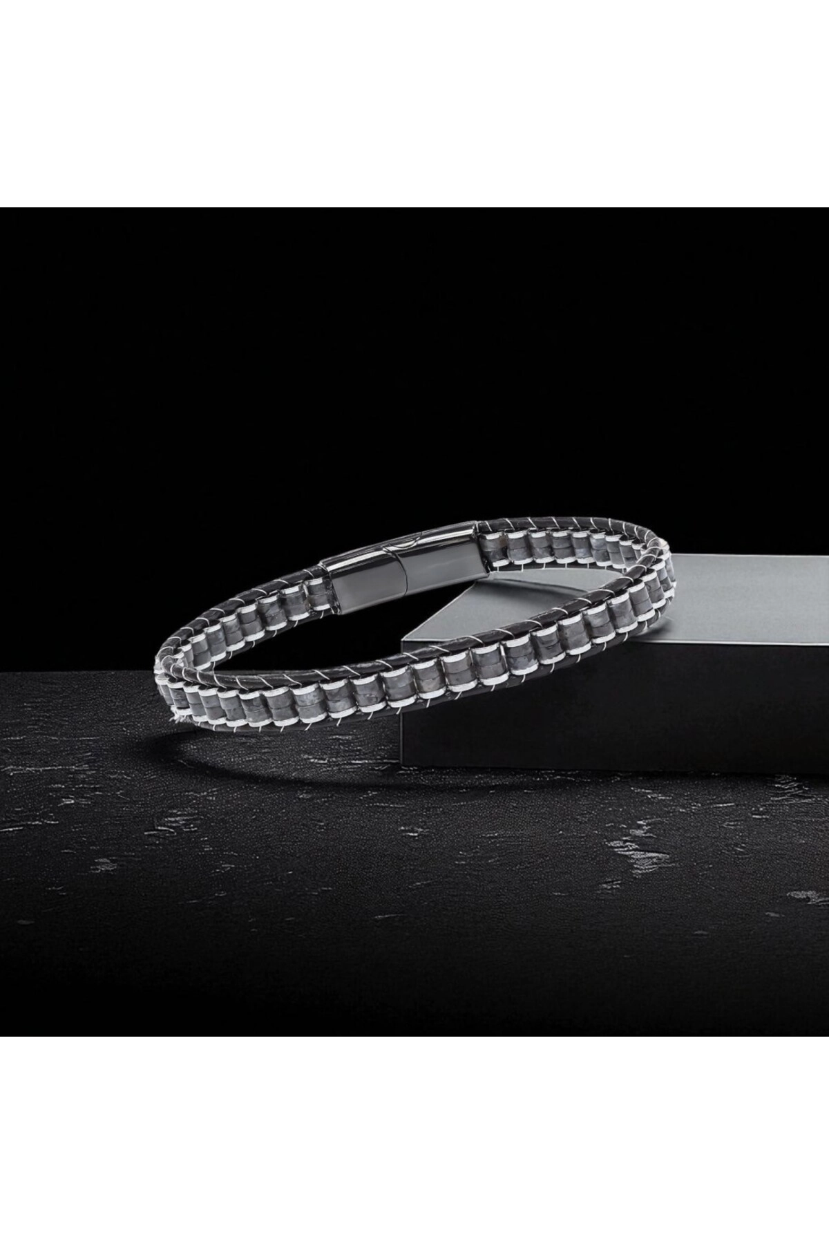 Spektrolit Hematit Çelik Örgülü Deri Bileklik-2