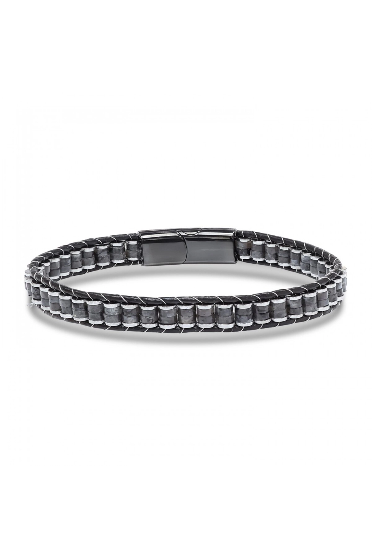 Spektrolit Hematit Çelik Örgülü Deri Bileklik-3