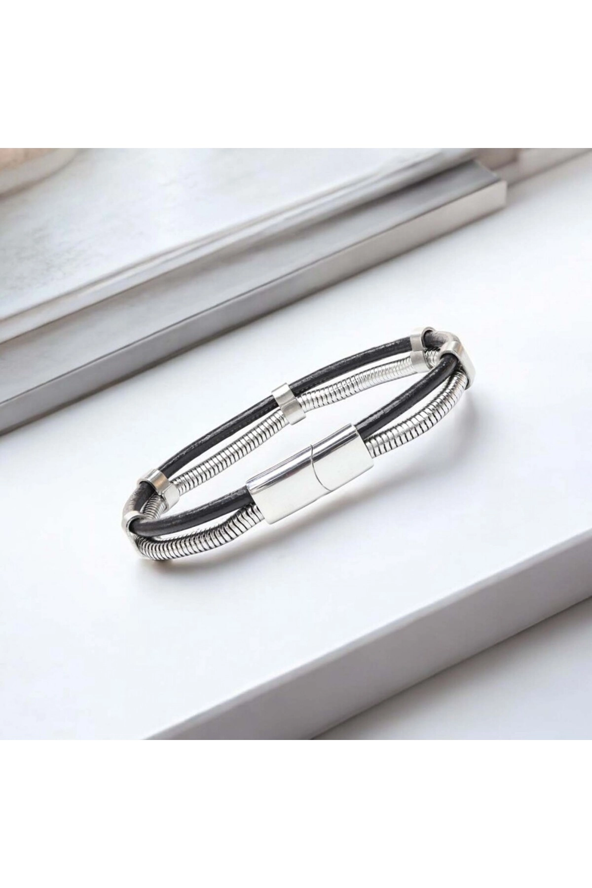 Spiral Çelik Zincir Ve Deri Bileklik-2