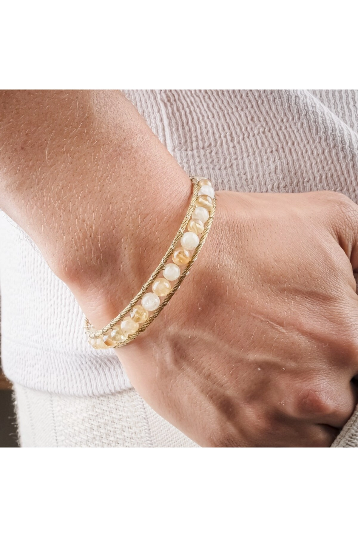 Titanyum Kilitli Sitrin Doğaltaş Ve 316L Çelik Halat Örme Erkek Bileklik-1