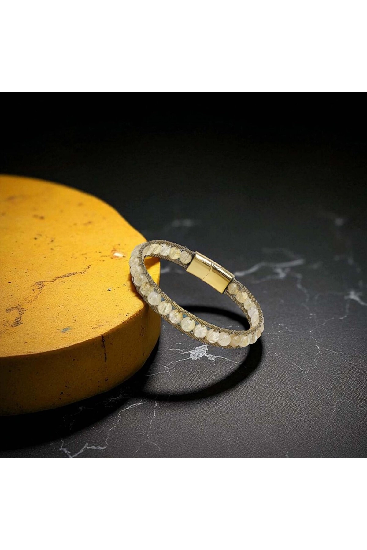 Titanyum Kilitli Sitrin Doğaltaş Ve 316L Çelik Halat Örme Erkek Bileklik-3