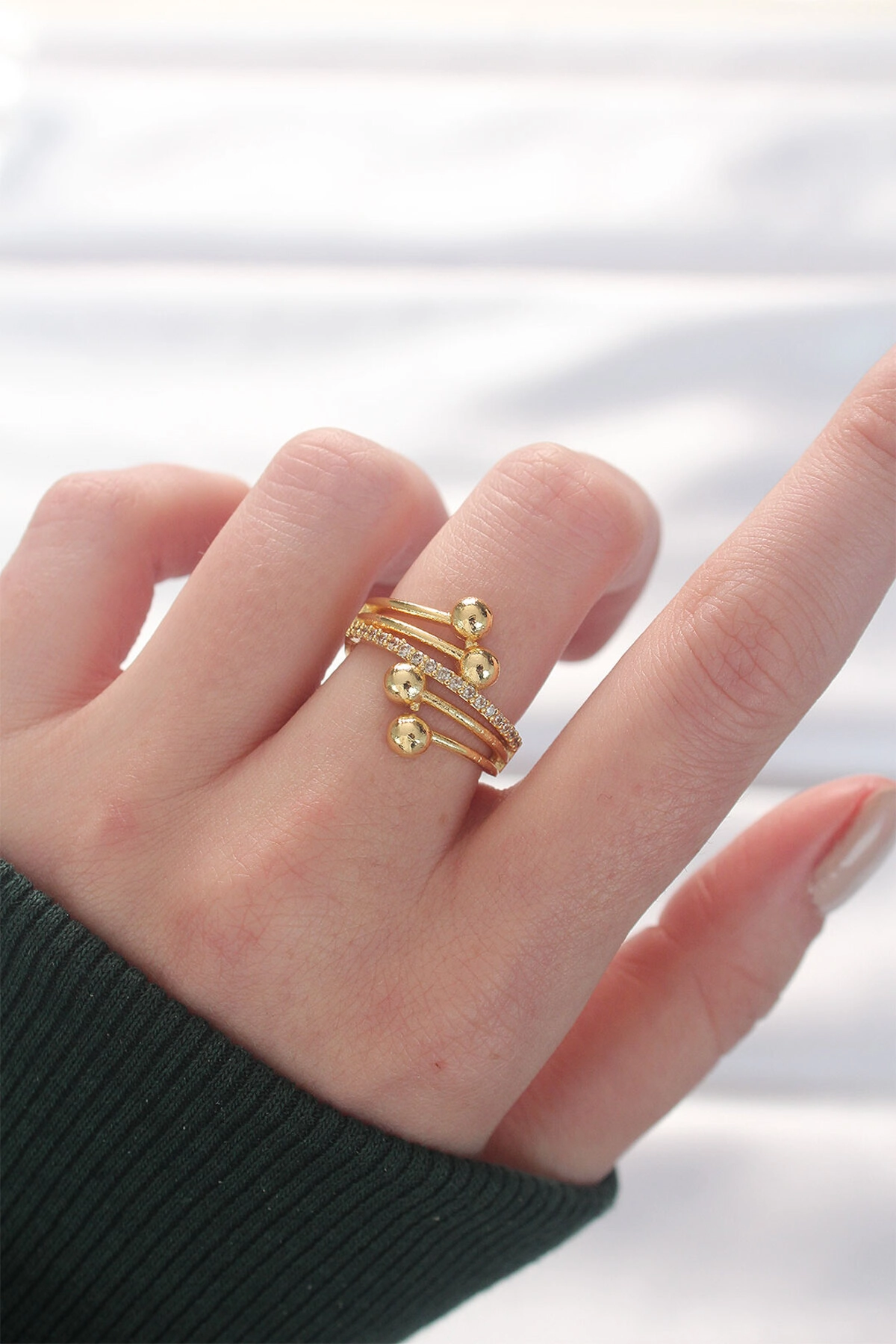 Topçuk Model Zirkon Taşlı Gold Renk Ayarlanabilir Yüzük-0