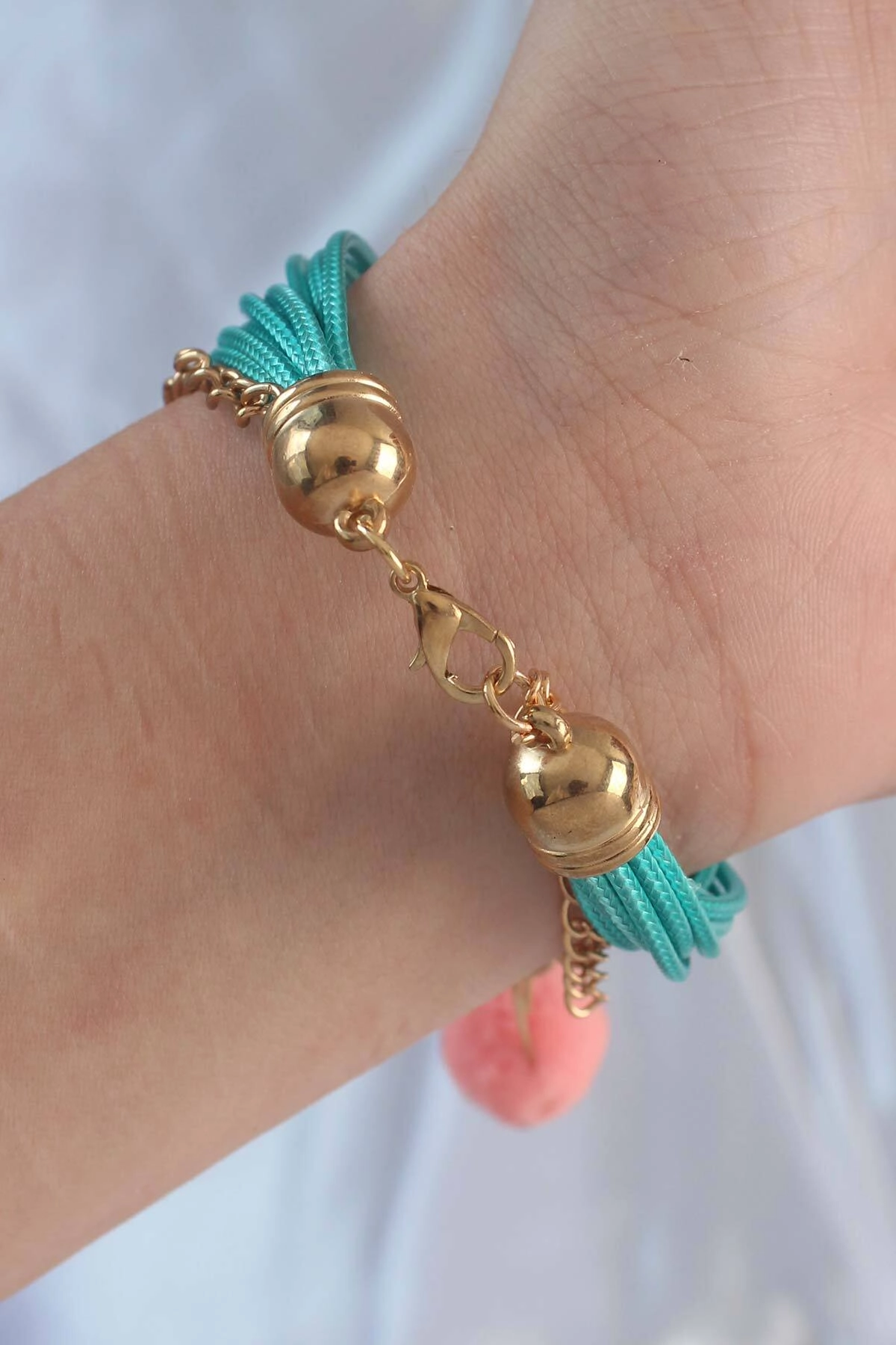 Turkuaz Renk Kar Tanesi Figür Zincir Detay İpli Çoklu Bileklik-1