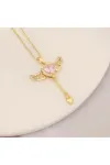 Pembe Zirkon Taşlı Melek Kanatlı Kalp Kolye | 316l Çelik - Kararmaz | Hediye Kadın