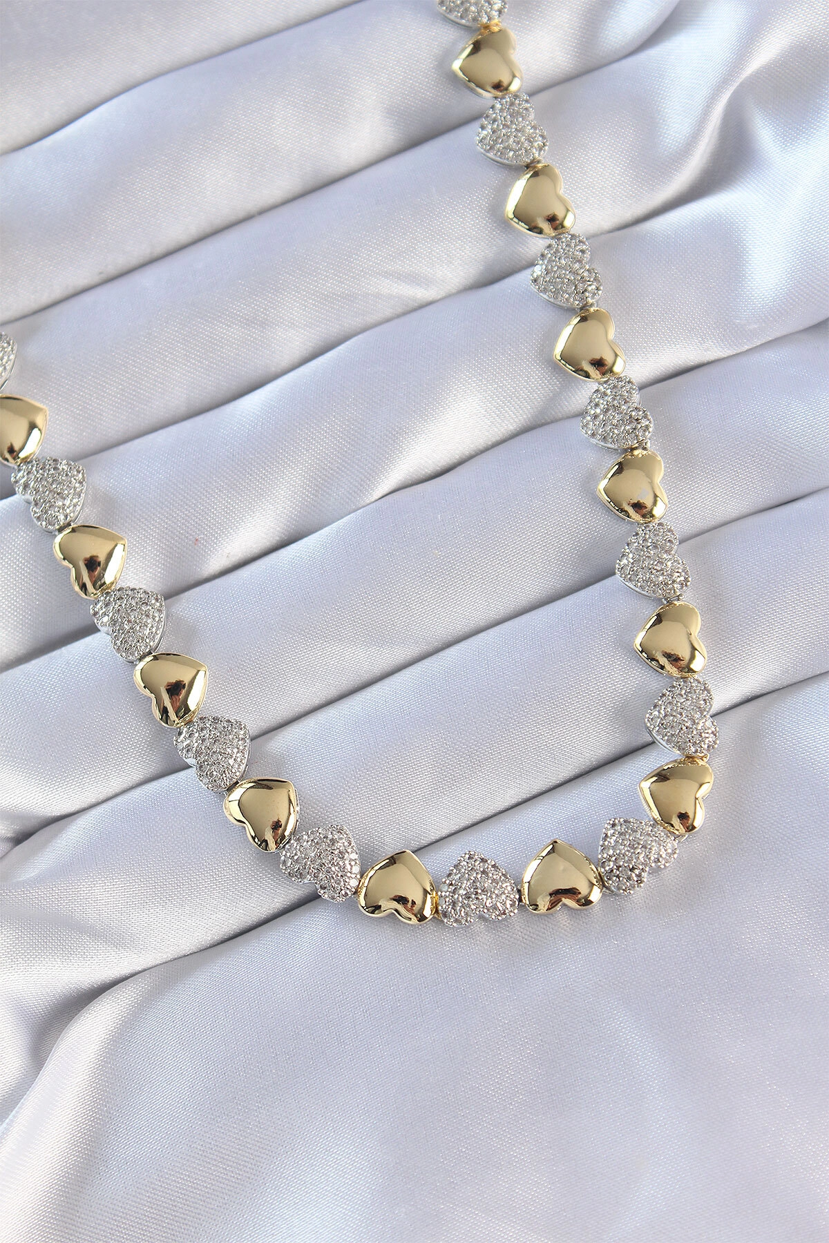 Vip Seri Pirinç Çift Renk Zirkon Taşlı Kalp Tasarımlı Kolye-0