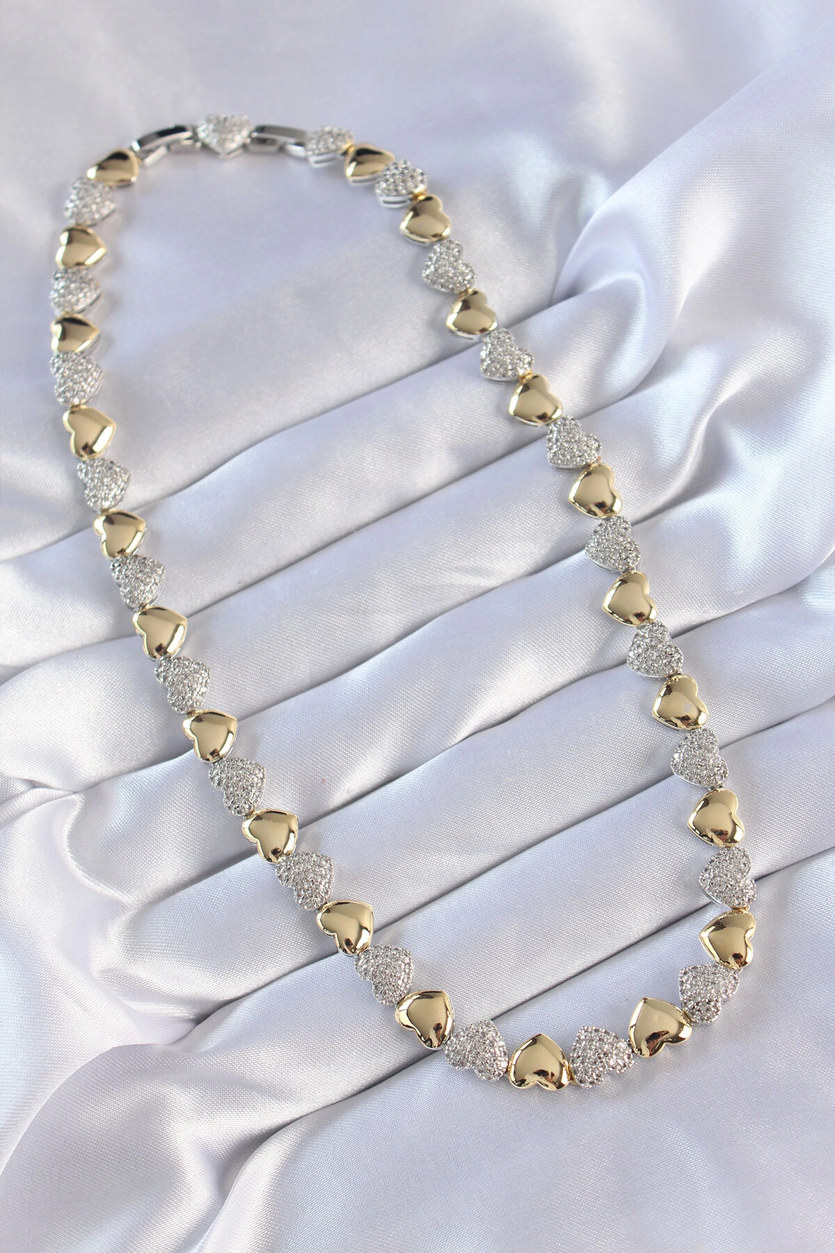 Vip Seri Pirinç Çift Renk Zirkon Taşlı Kalp Tasarımlı Kolye-1