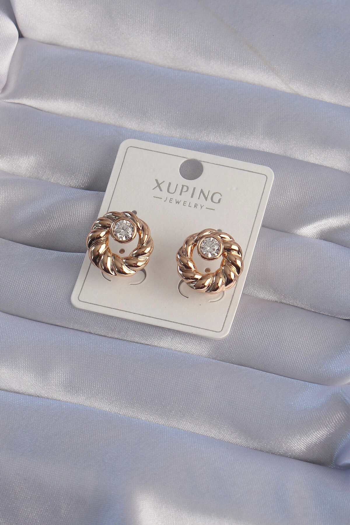 XUPİNG Rose Renk Oval Zirkon Taşlı Burgu Model Küpe-0