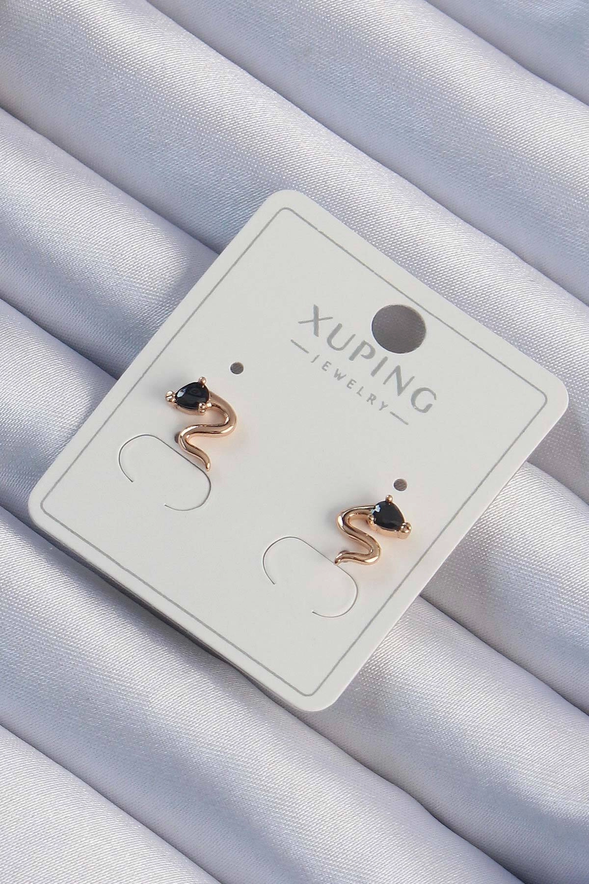 Xuping Rose Renk Siyah Zirkon Taşlı Kıvrımlı Küpe-0