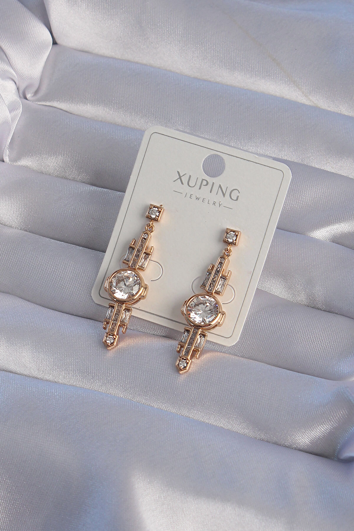 XUPİNG Rose Renk Zirkon Taşlı Geometrik Sallantılı Küpe-0