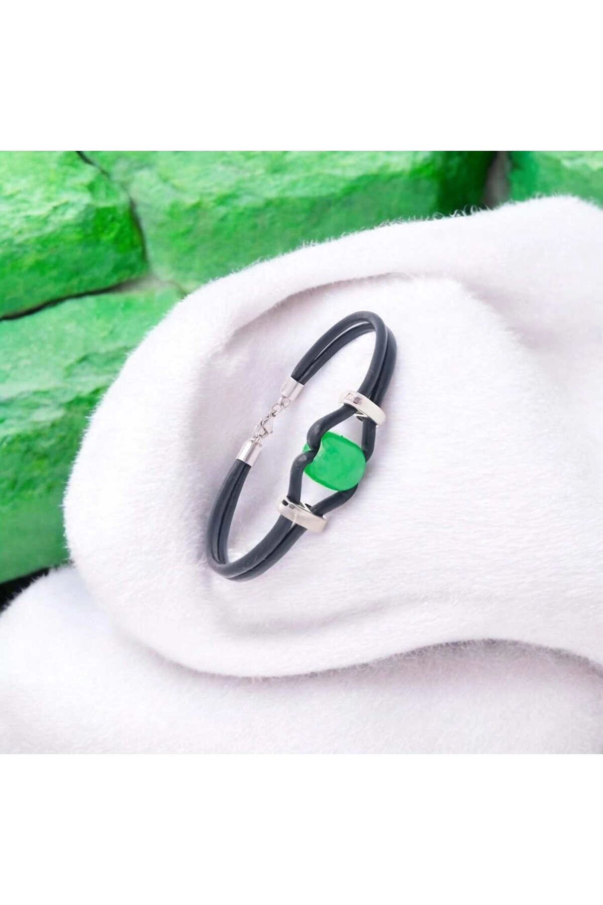 Yeşil Akik Doğal Taşlı Deri Ve Çelik Bileklik-1