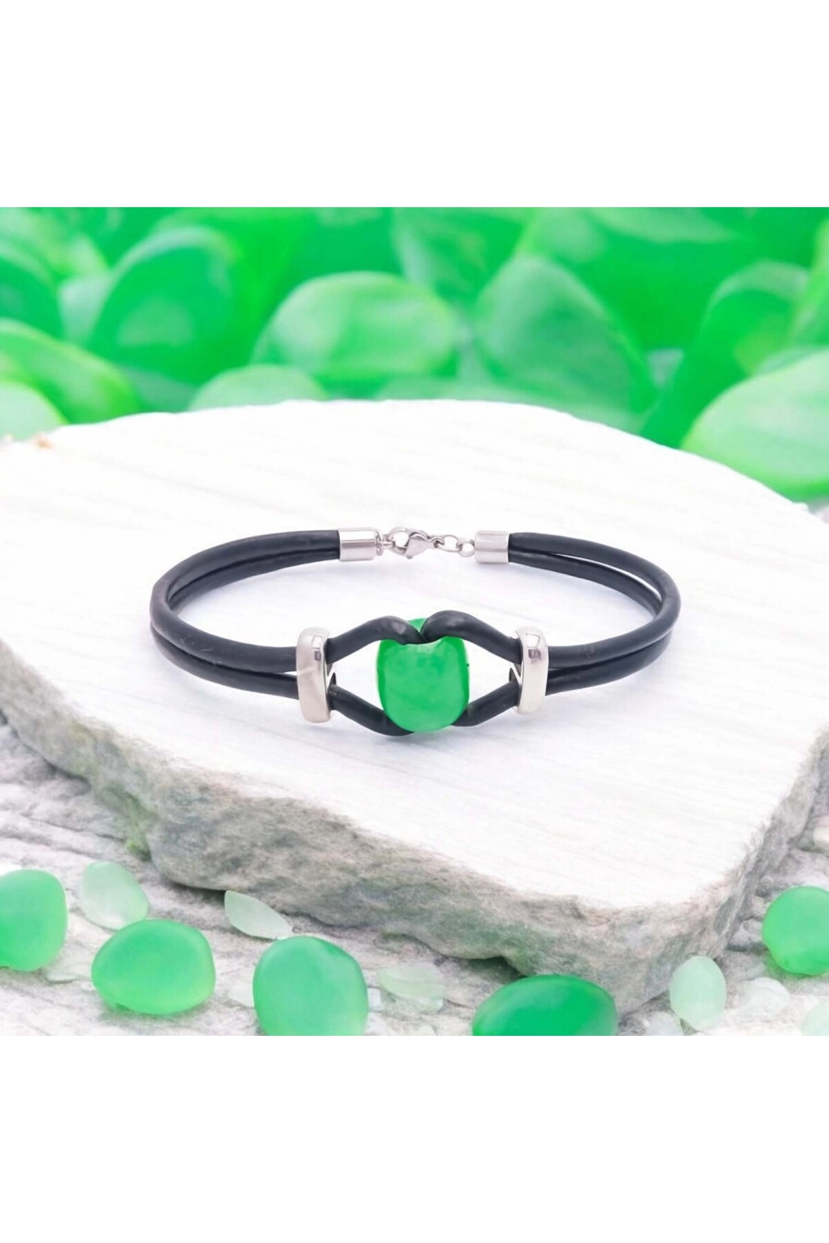Yeşil Akik Doğal Taşlı Deri Ve Çelik Bileklik-2